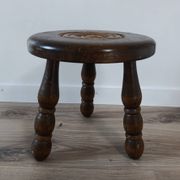 tabouret bas tripode bois, pied bobine, vintage