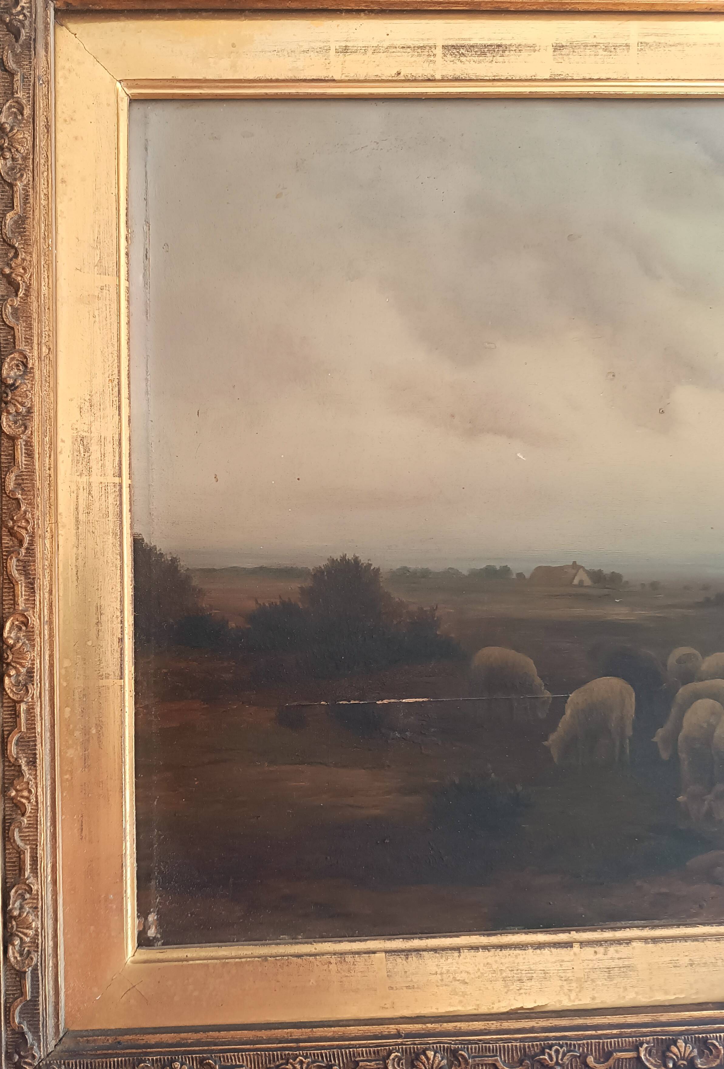 Hermann solbrig (1853-1942) painting, oil on panel, shepherdess and her troupe