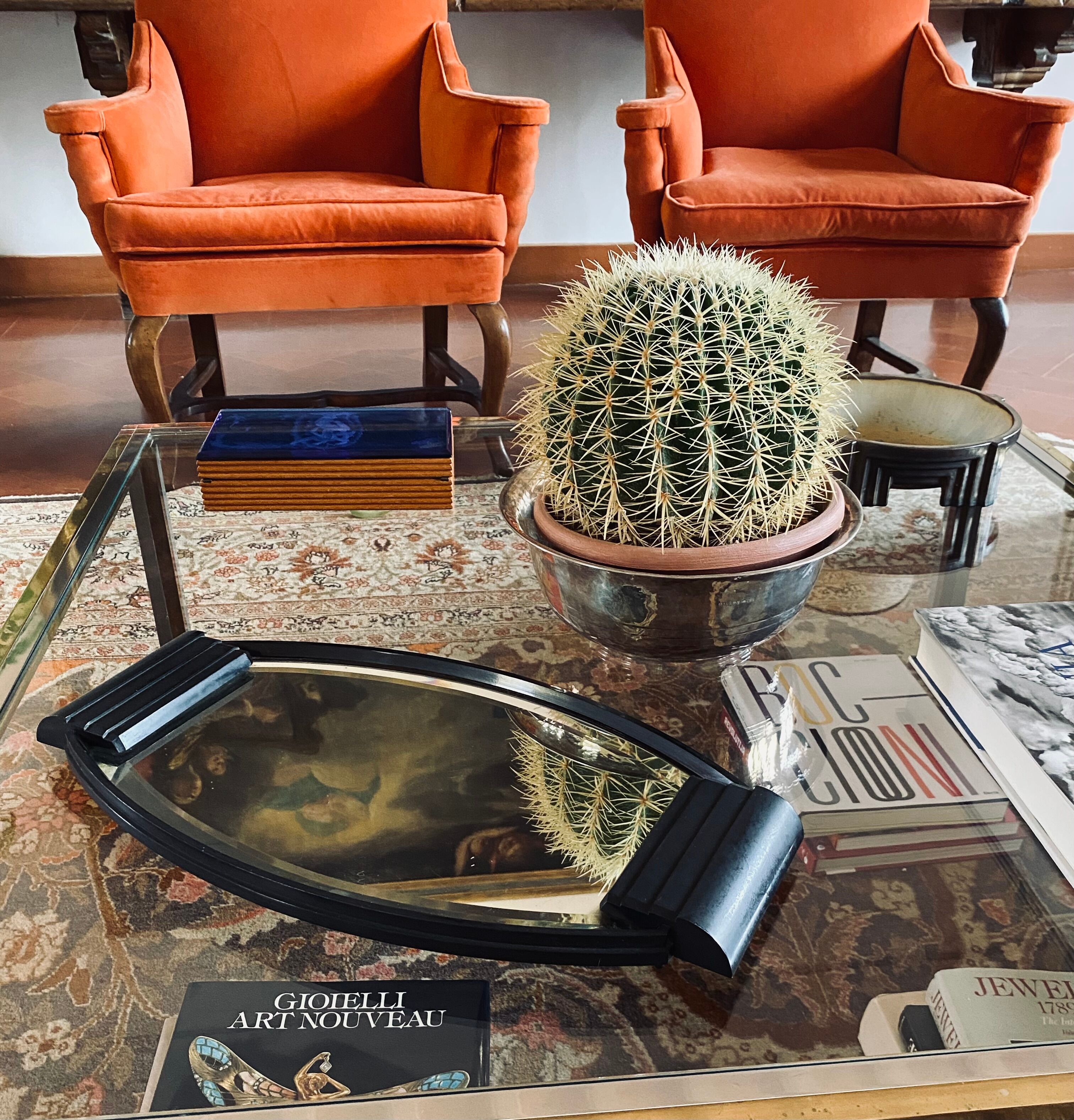 Art deco cubist bakelite mirrored tray, France 1930s