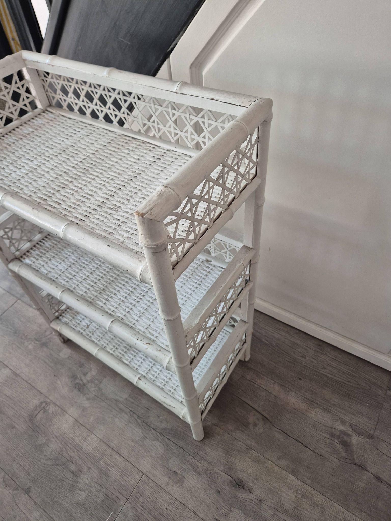 vintage white wicker rattan storage shelf