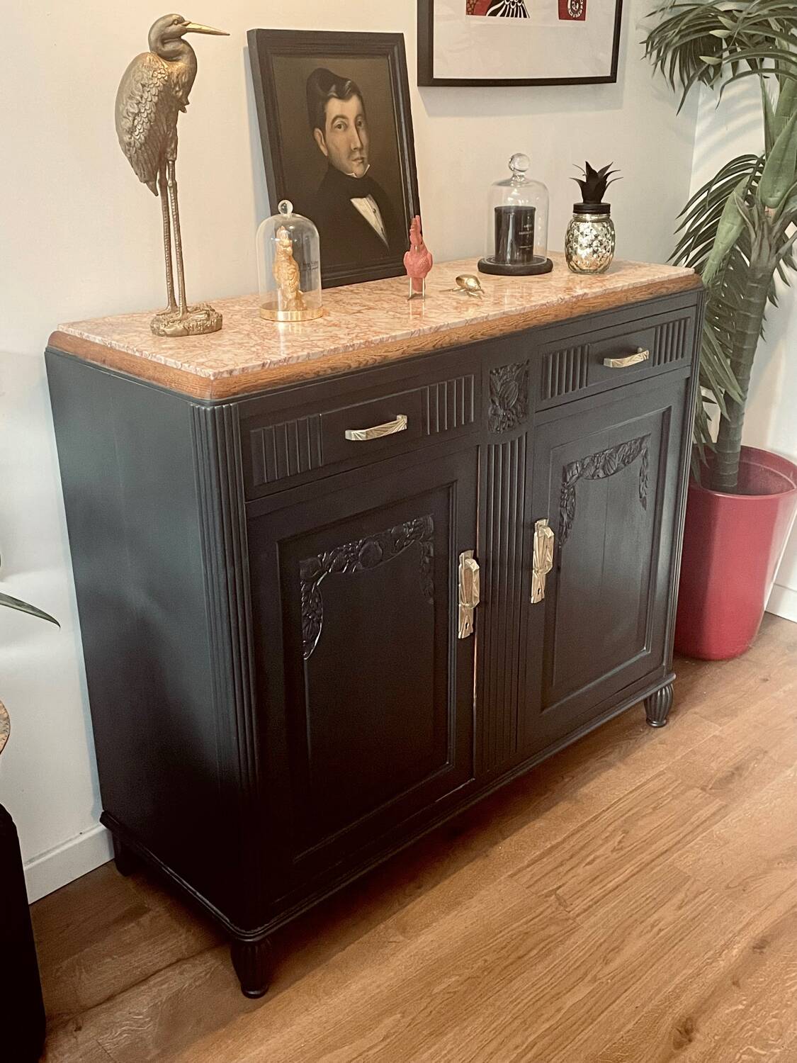 Black Art Deco sideboard with marble top