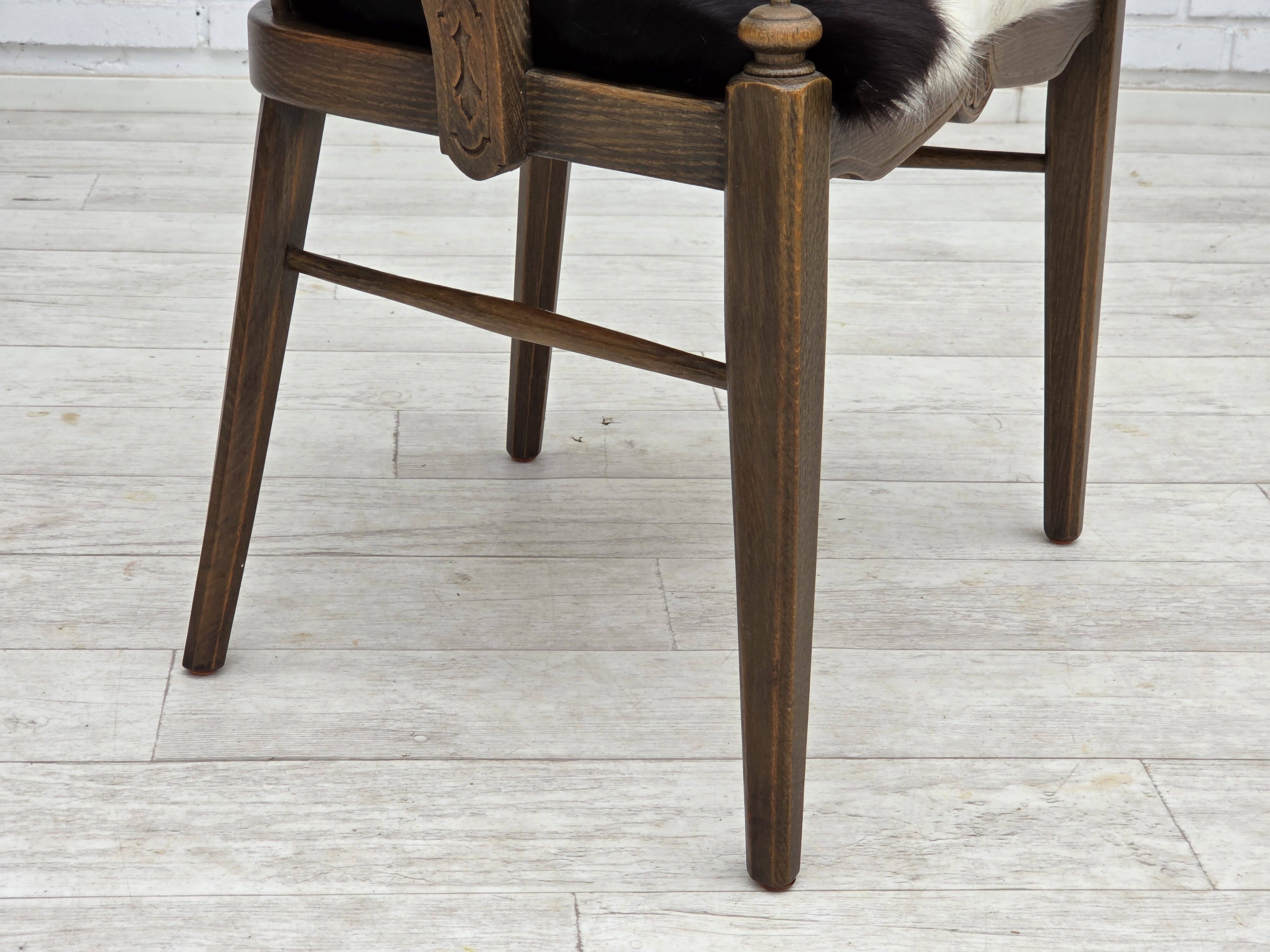 1960s, Danish high-backed armchair, reupholstered, furniture cowhide, oak.