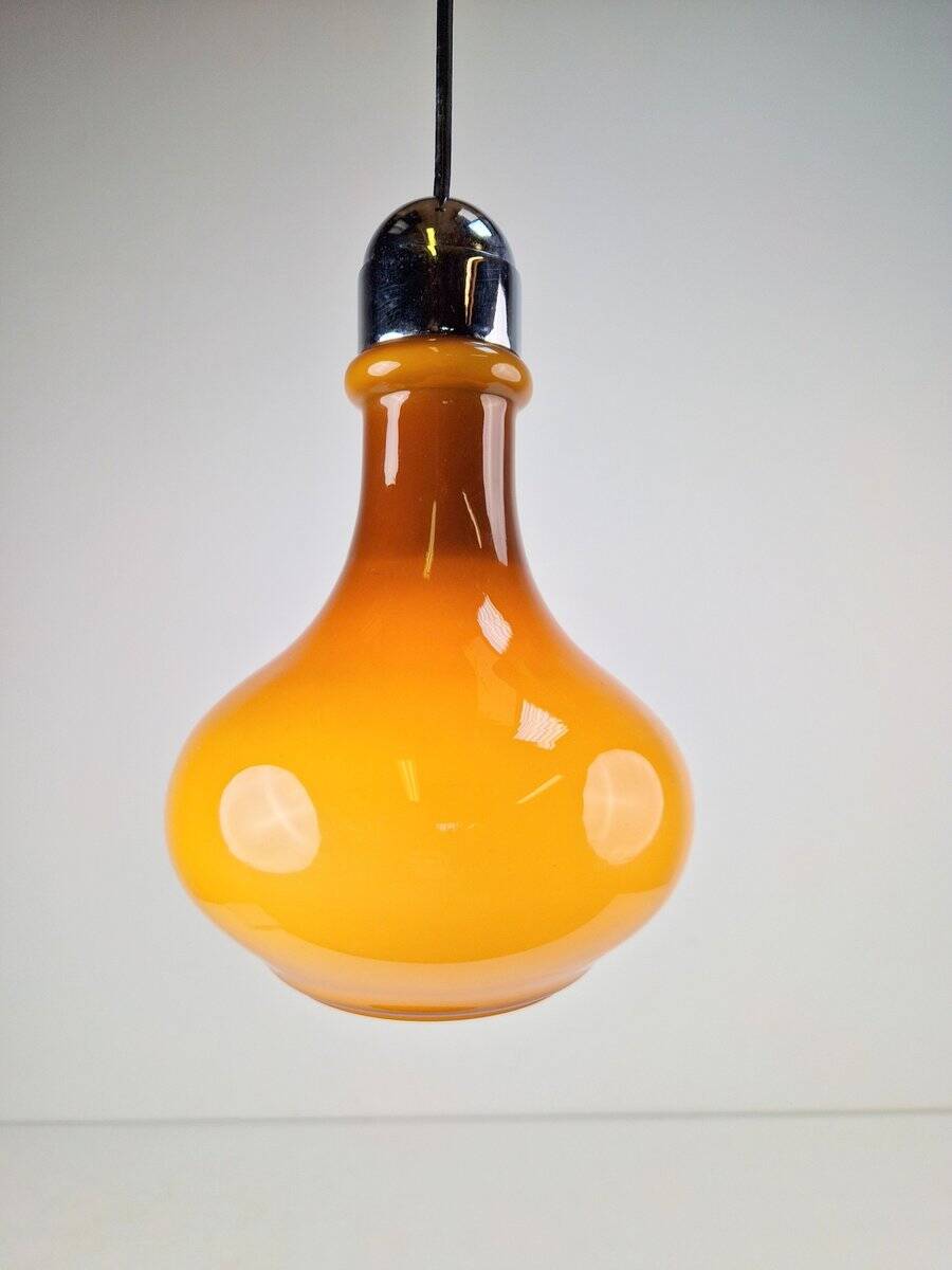 Vintage Scandinavian Drop Pendant Lamp in Brown Opal Glass and Chrome from Peill & Putzler, 1960s