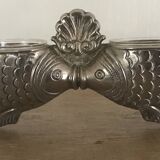 Salt and pepper shaker holder with a pair of fish in metal, Italian design