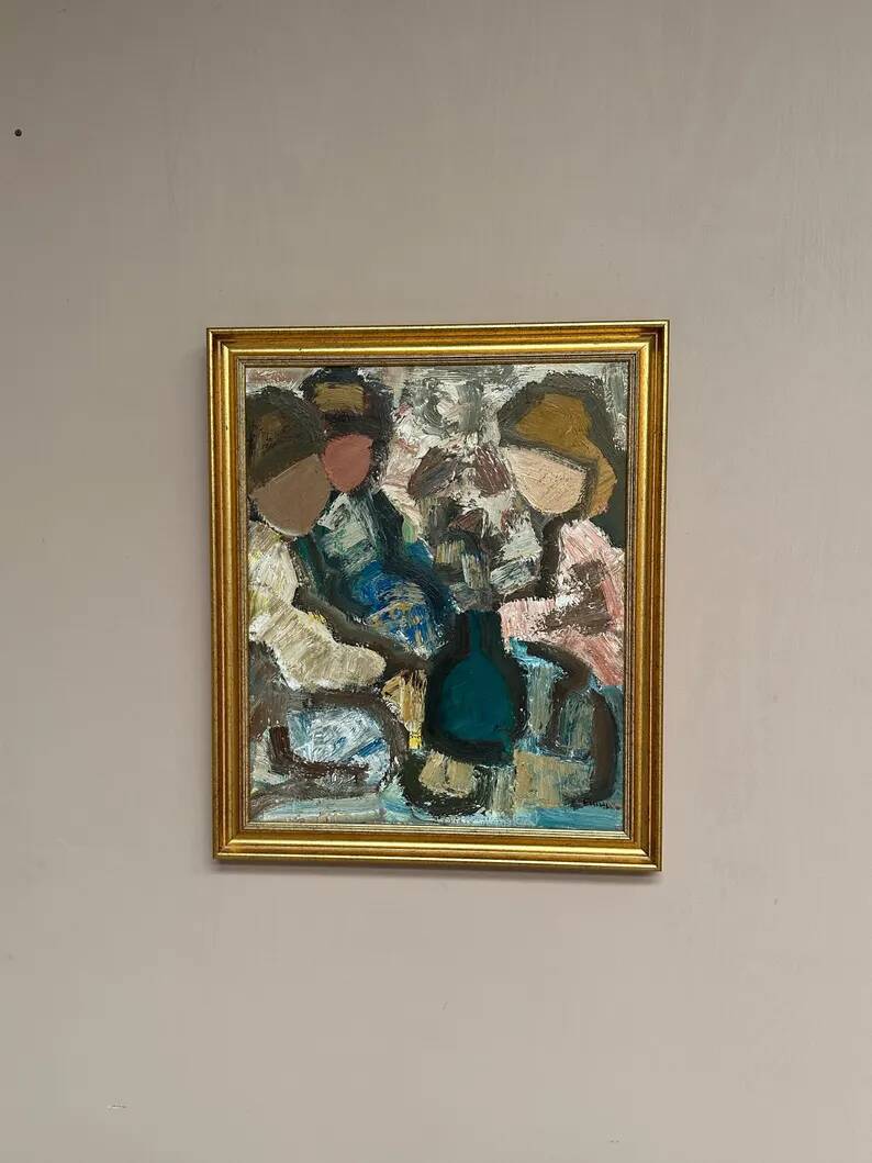 Original Swedish Oil on Canvas – "Family" by Gösta Falck – Signed – Vintage and Framed