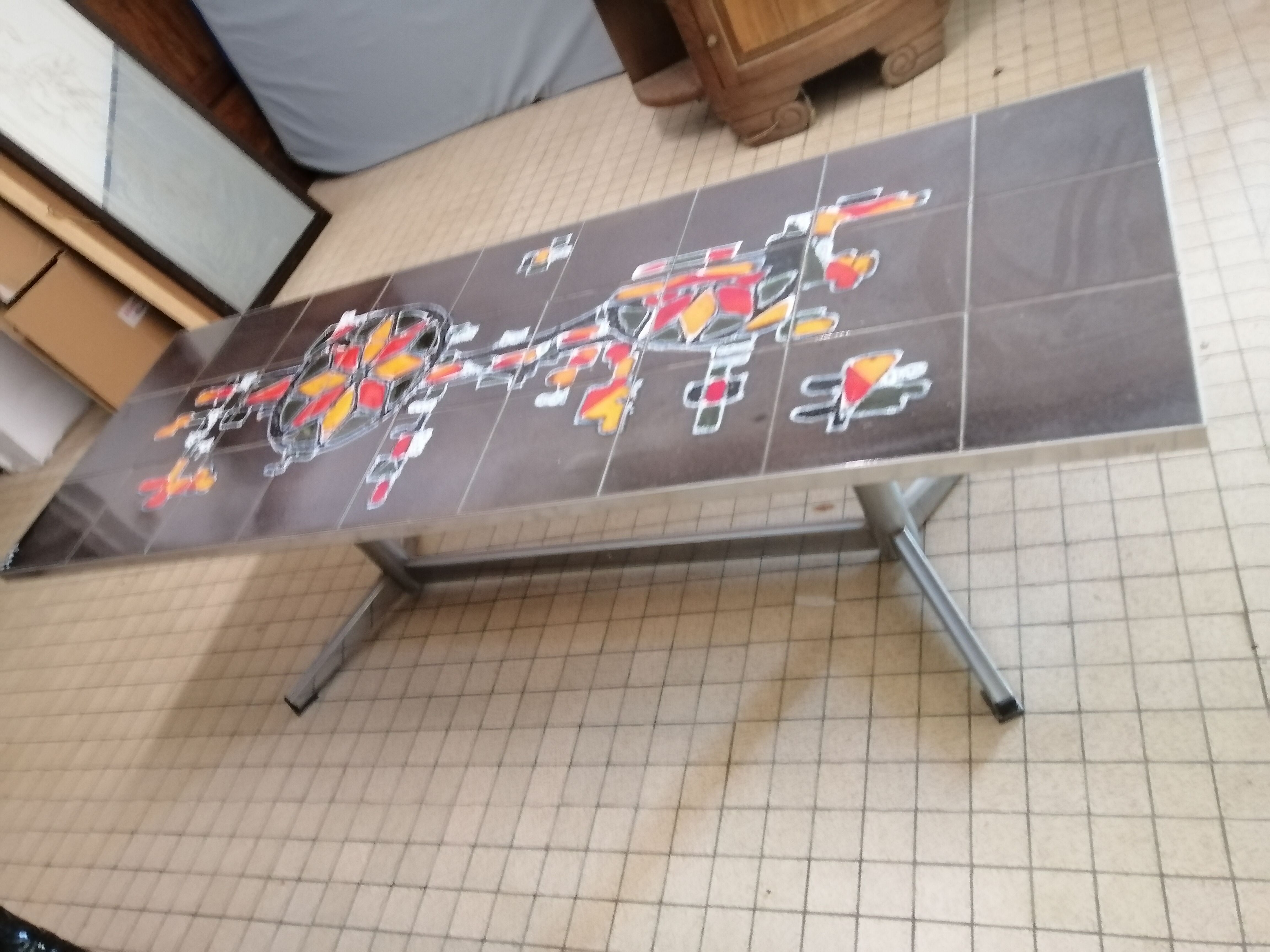 Art deco chrome metal and ceramic coffee table