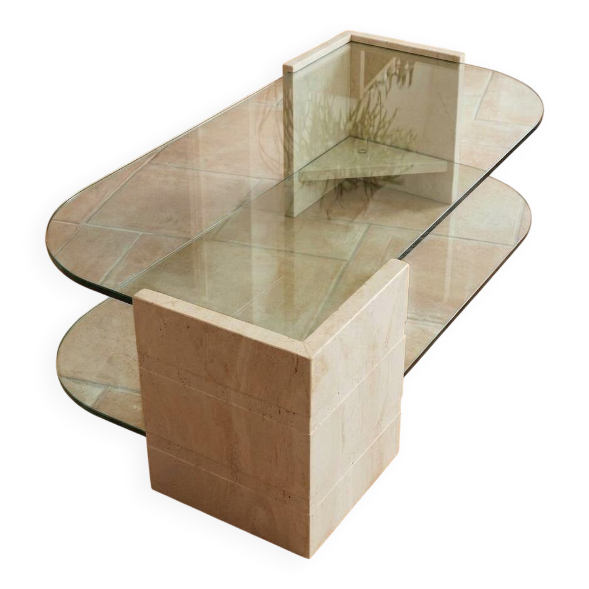 Table basse vintage en travertin et verre – Années 1970/1980