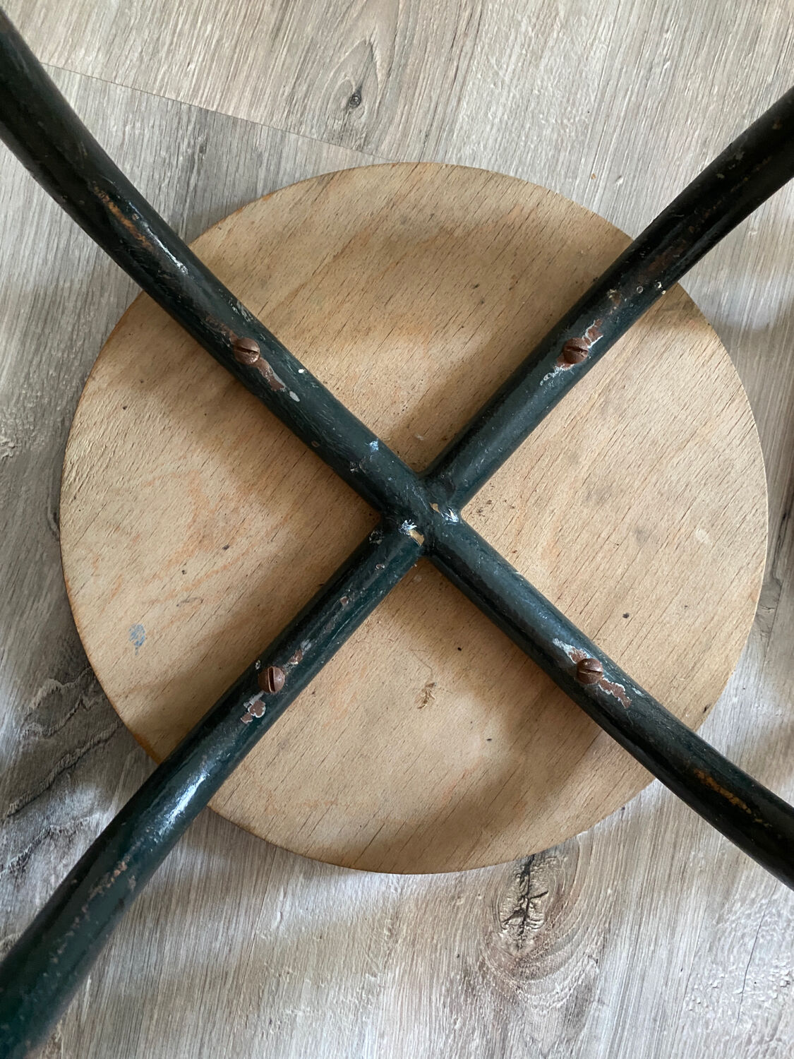 Pair of metal and wood workshop stools