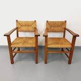 Set of 2 vintage brutalist armchairs in oak wood and straw