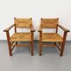 Suite de 2 fauteuils brutalistes vintage en bois de chêne et paille