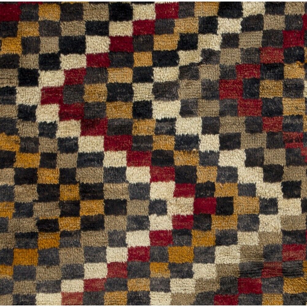 Vintage Hand-Knotted Turkish Tulu Rug with Checkered Zigzag Design in Red, Yellow, Gray and Brown, 100% Wool