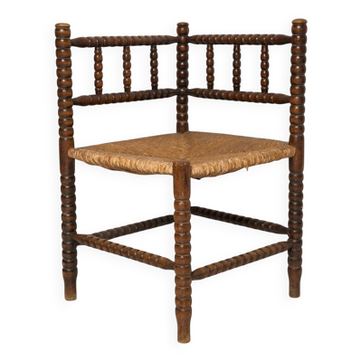 Chaise d’angle bobine artisanale provinciale antique du milieu du siècle, France, années 1940