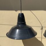 Three industrial suspensions in black and white enamelled sheet metal large format