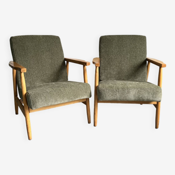 Pair of Vintage Club Polish Model B-7727 Armchairs from 1970s in New Olive Green Fabric