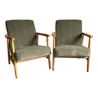 Pair of Vintage Club Polish Model B-7727 Armchairs from 1970s in New Olive Green Fabric