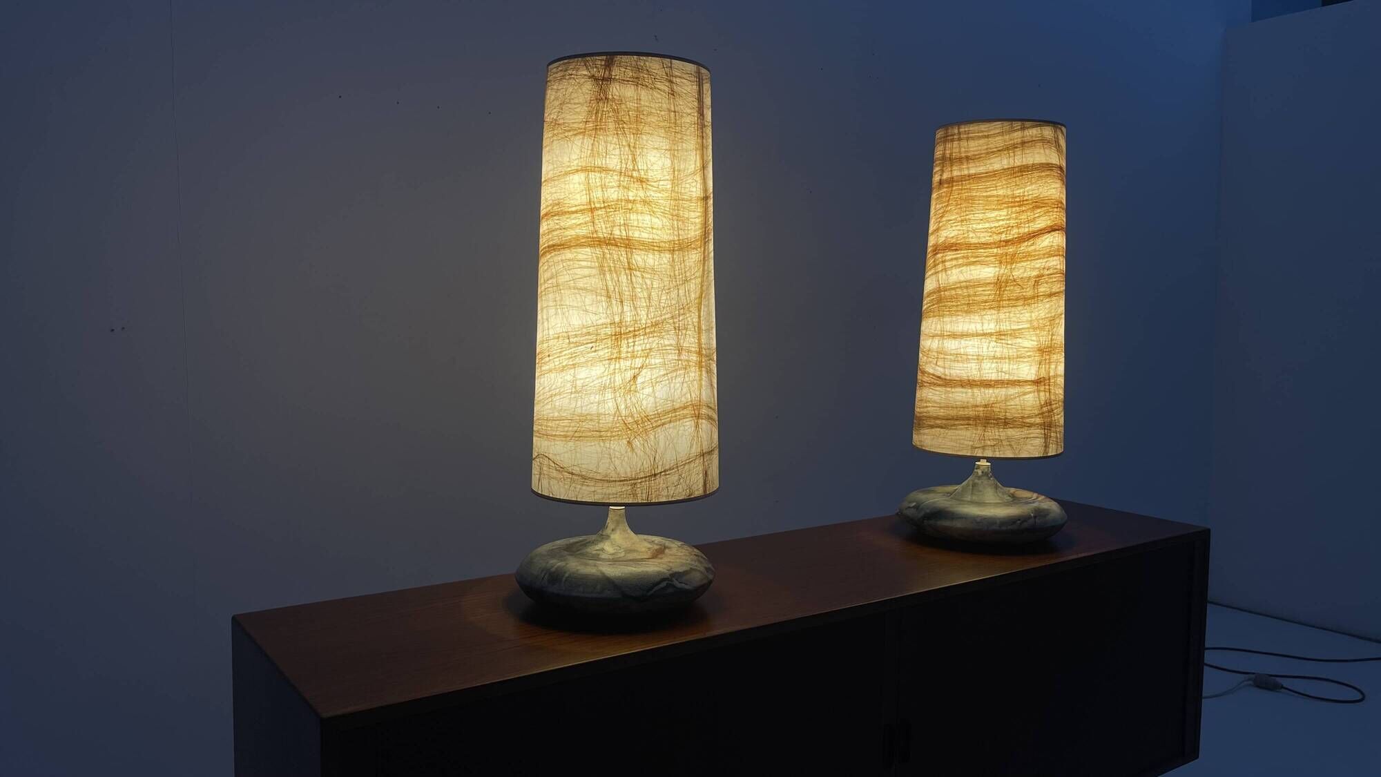 High pair of table lamps in Ceramic and raffia shade - France 1960