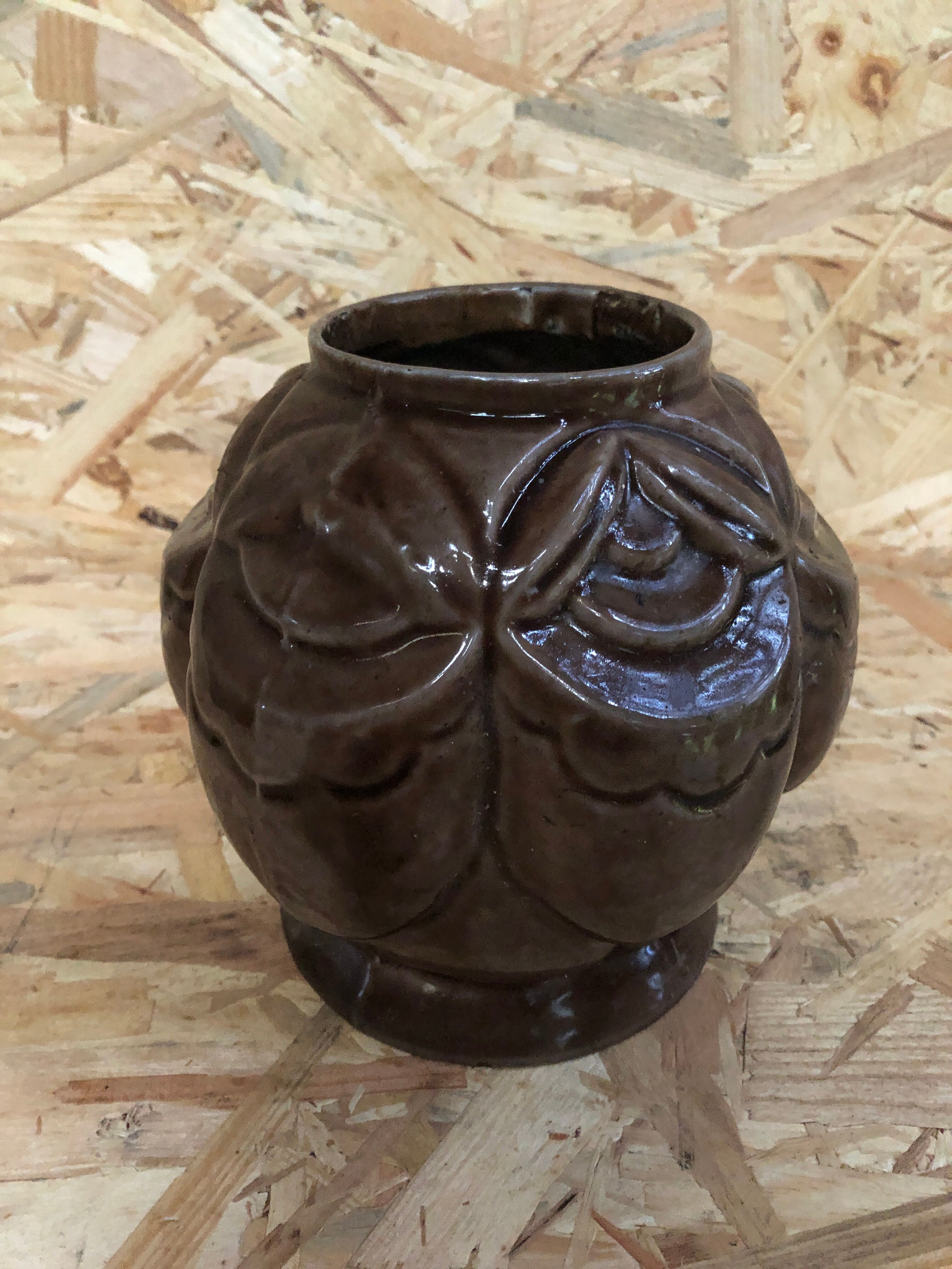 Old art deco vintage brown enameled cast iron plant pot