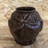 Old art deco vintage brown enameled cast iron plant pot