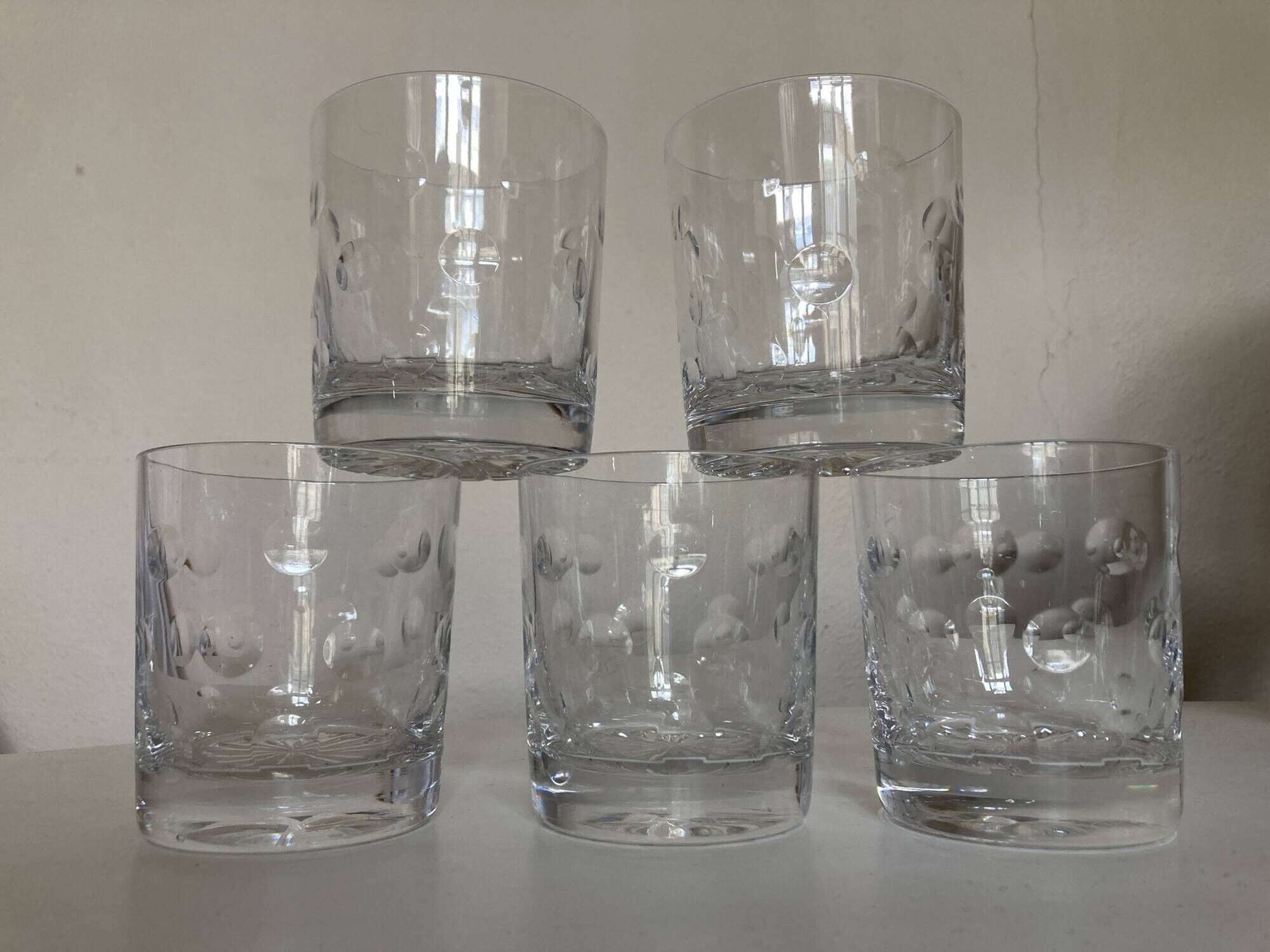 Set of 5 crystal whiskey tumblers giving polka dot cut 1970