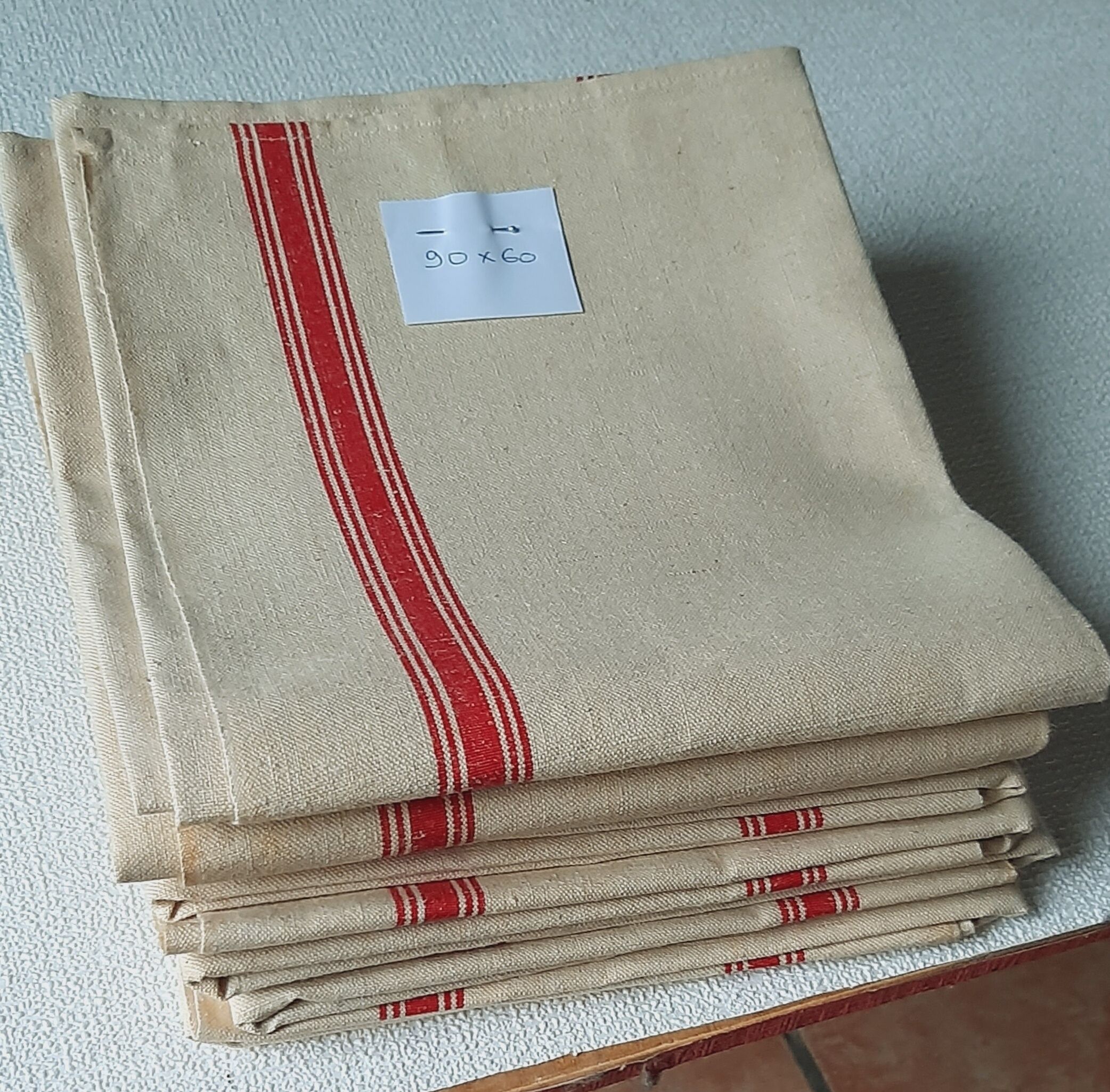 Set of 6 old tea towels metis color ecru red stripes