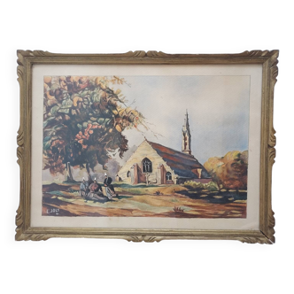 Watercolor signed E.JOLY - Breton chapel 1960