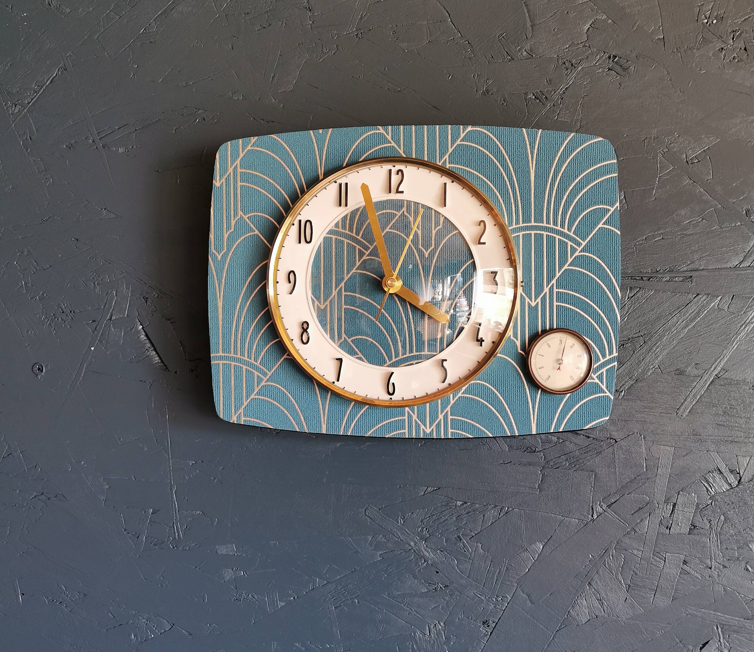 Vintage thermometer clock rectangular silent wall pendulum "Golden blue"