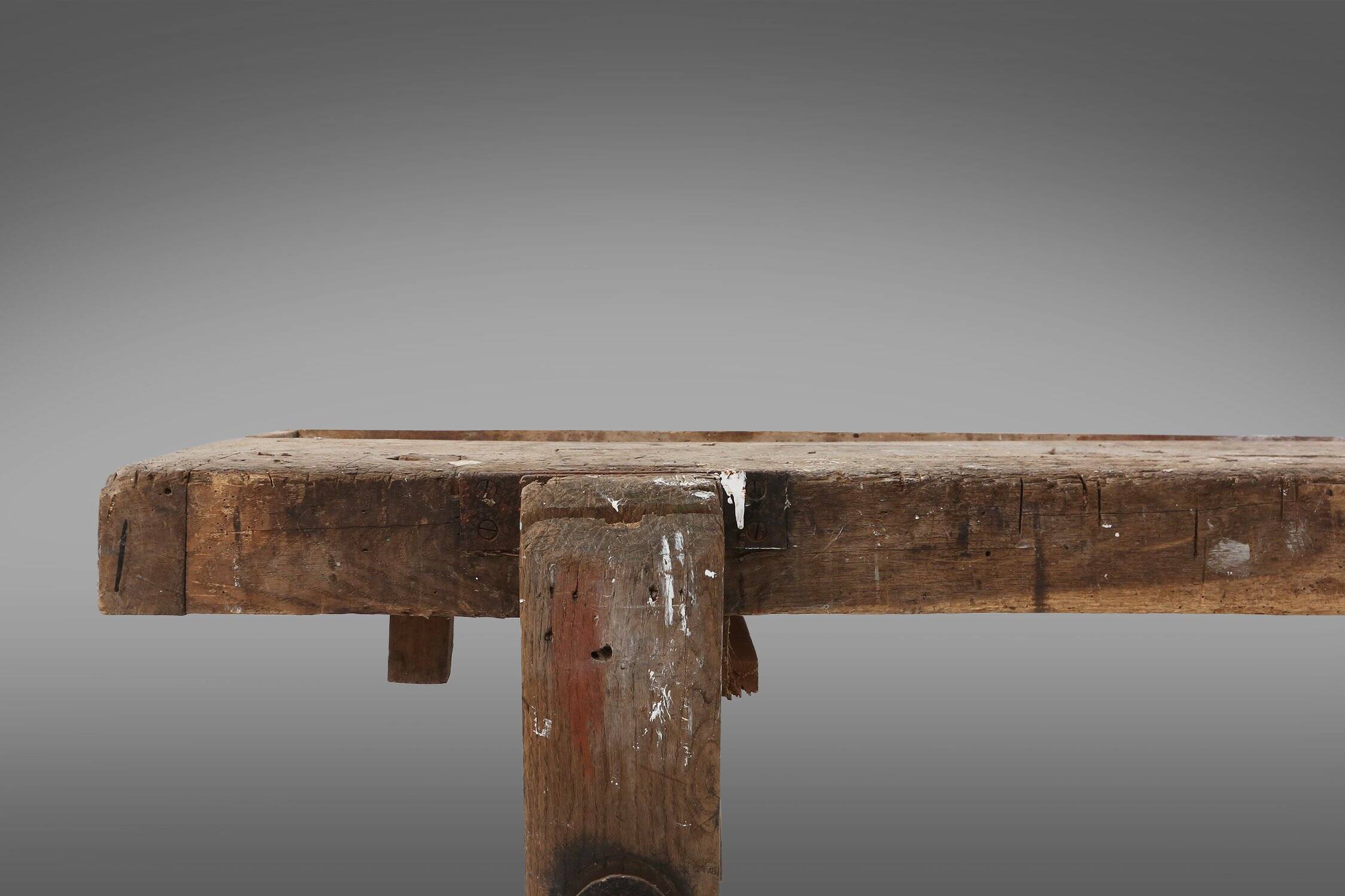 Industrial solid oak Workbench, Belgium ca. 1900