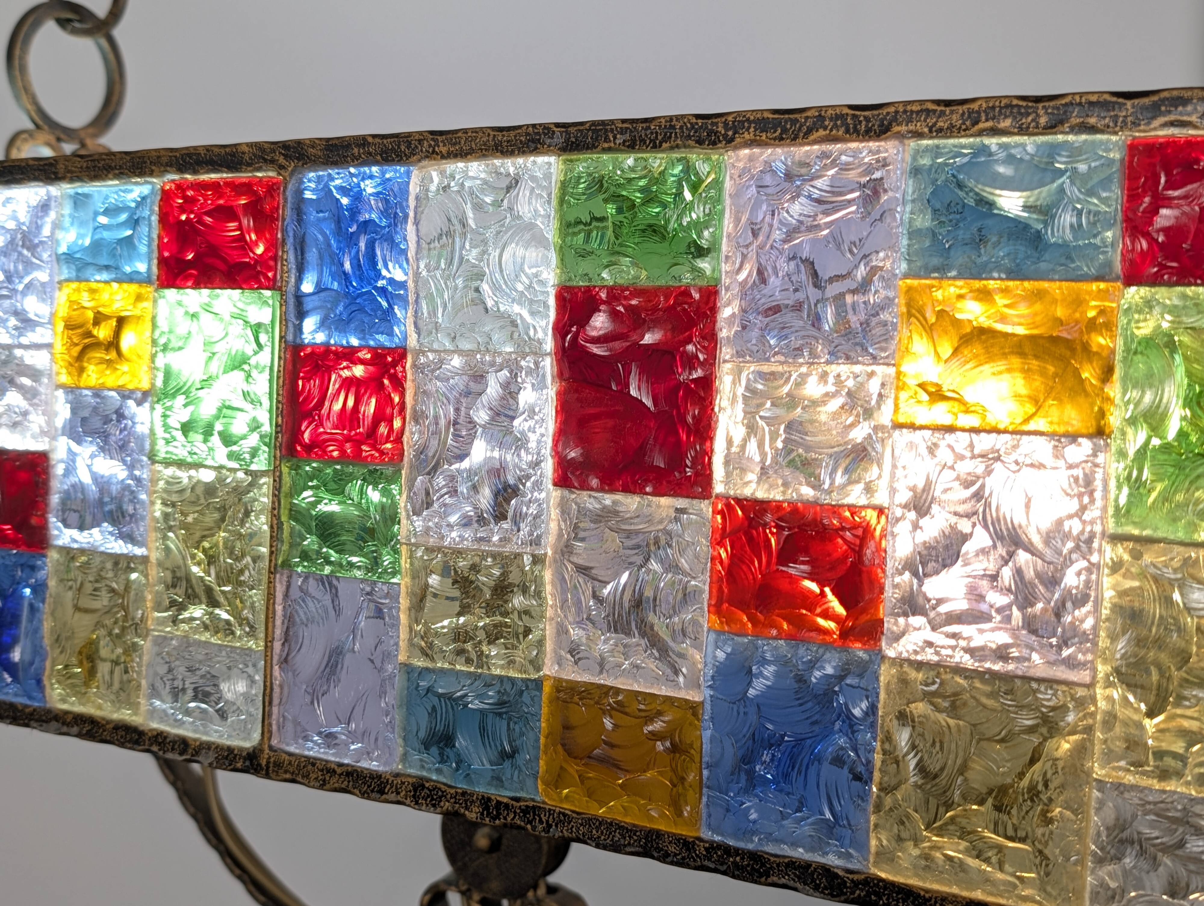 Large Italian Multi-Colored Hammered Crystal and Wrought Iron Chandelier