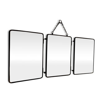 Miroir vintage 1930 triptyque barbier cristal simili cuir doré - 25 x 59 cm
