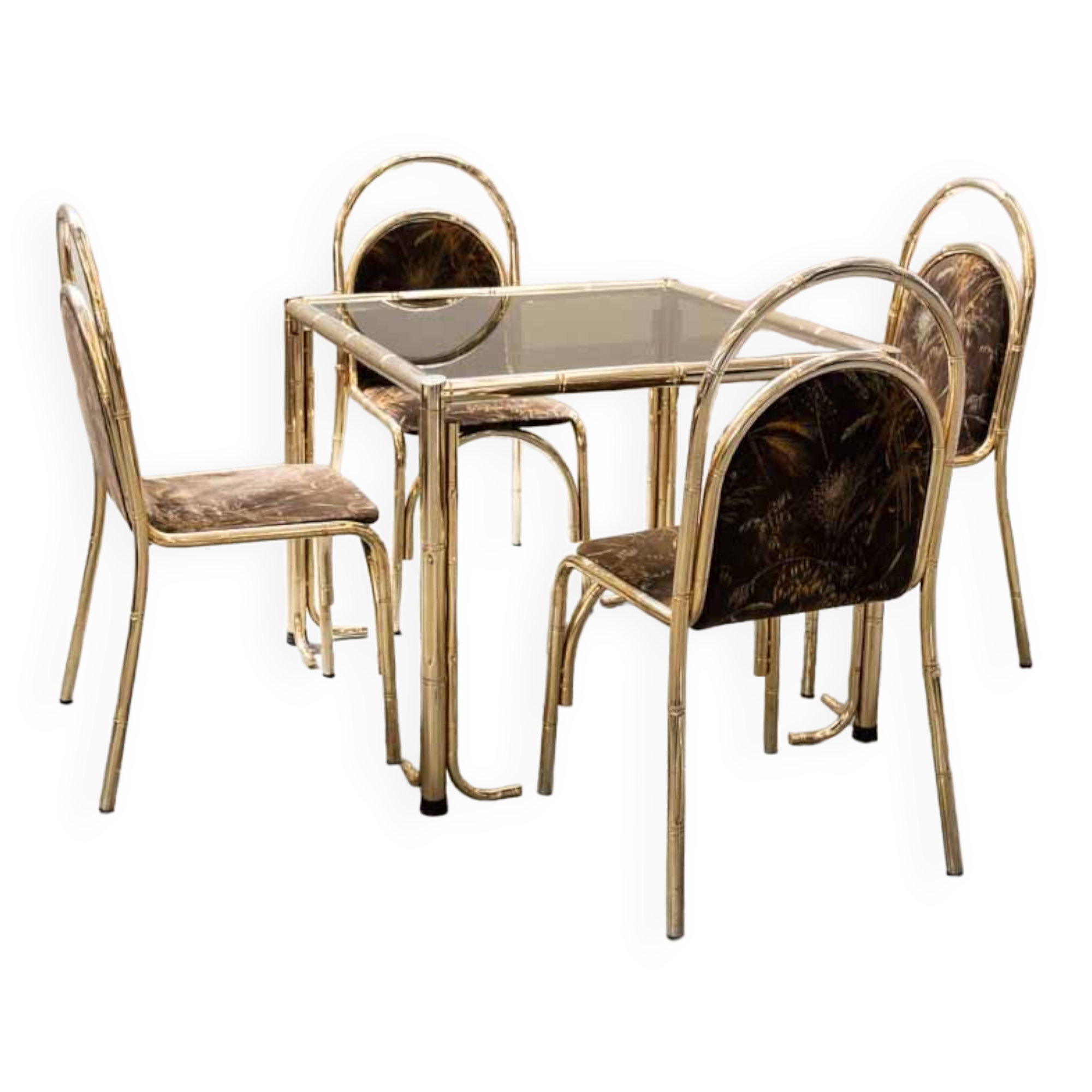 Table peinte en or et 4 chaises en tissu d'origine