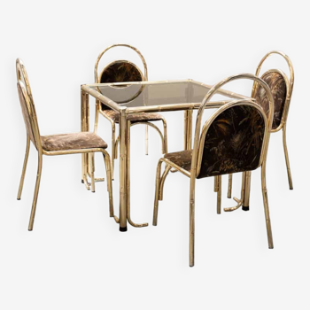 Table peinte en or et 4 chaises en tissu d'origine