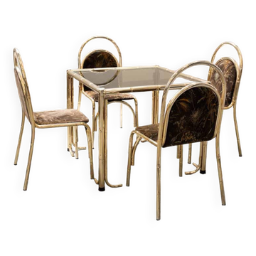 Table peinte en or et 4 chaises en tissu d'origine