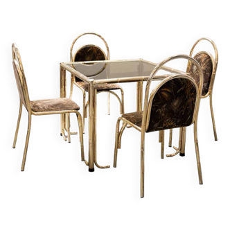 Table peinte en or et 4 chaises en tissu d'origine