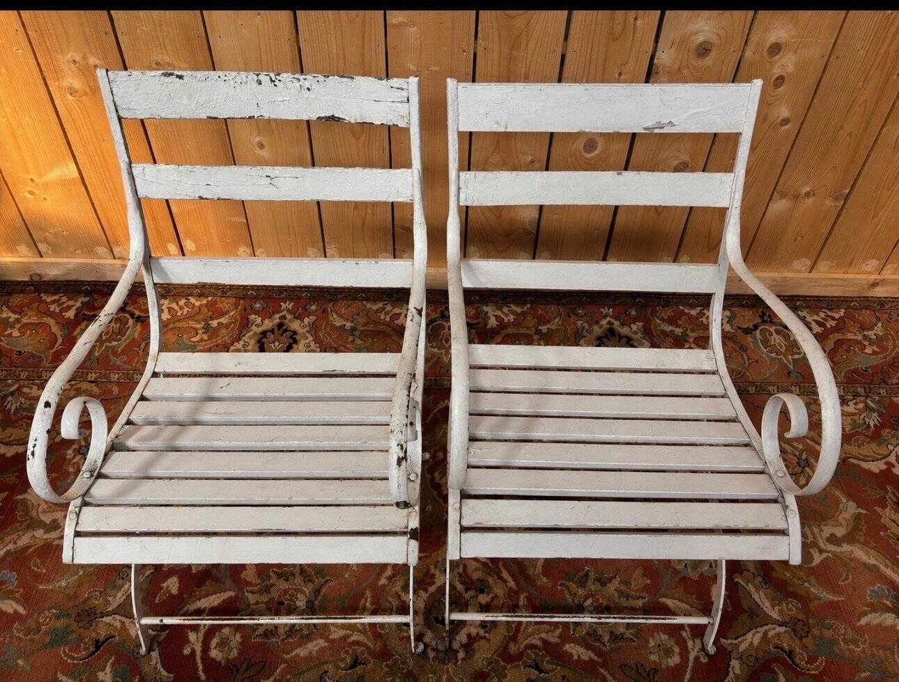 Paire de fauteuils de jardin XIXe, fer forgé & bois, style Restauration