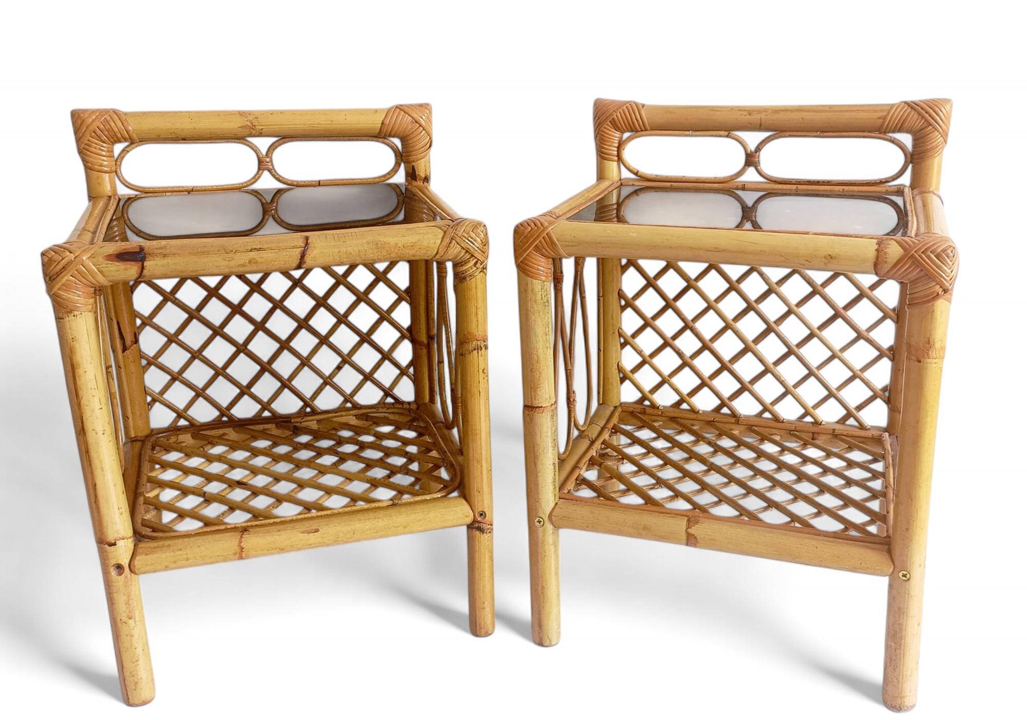 Mid-Century Bamboo and Rattan Nightstands, Spain, Hand-Crafted, 1970s
