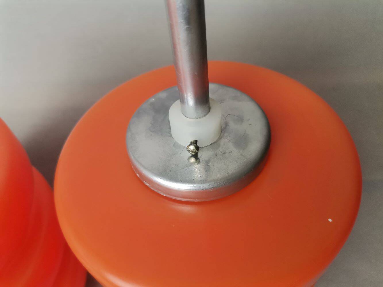 Pair Mid Century Modern MCM orange glass hanging lamps