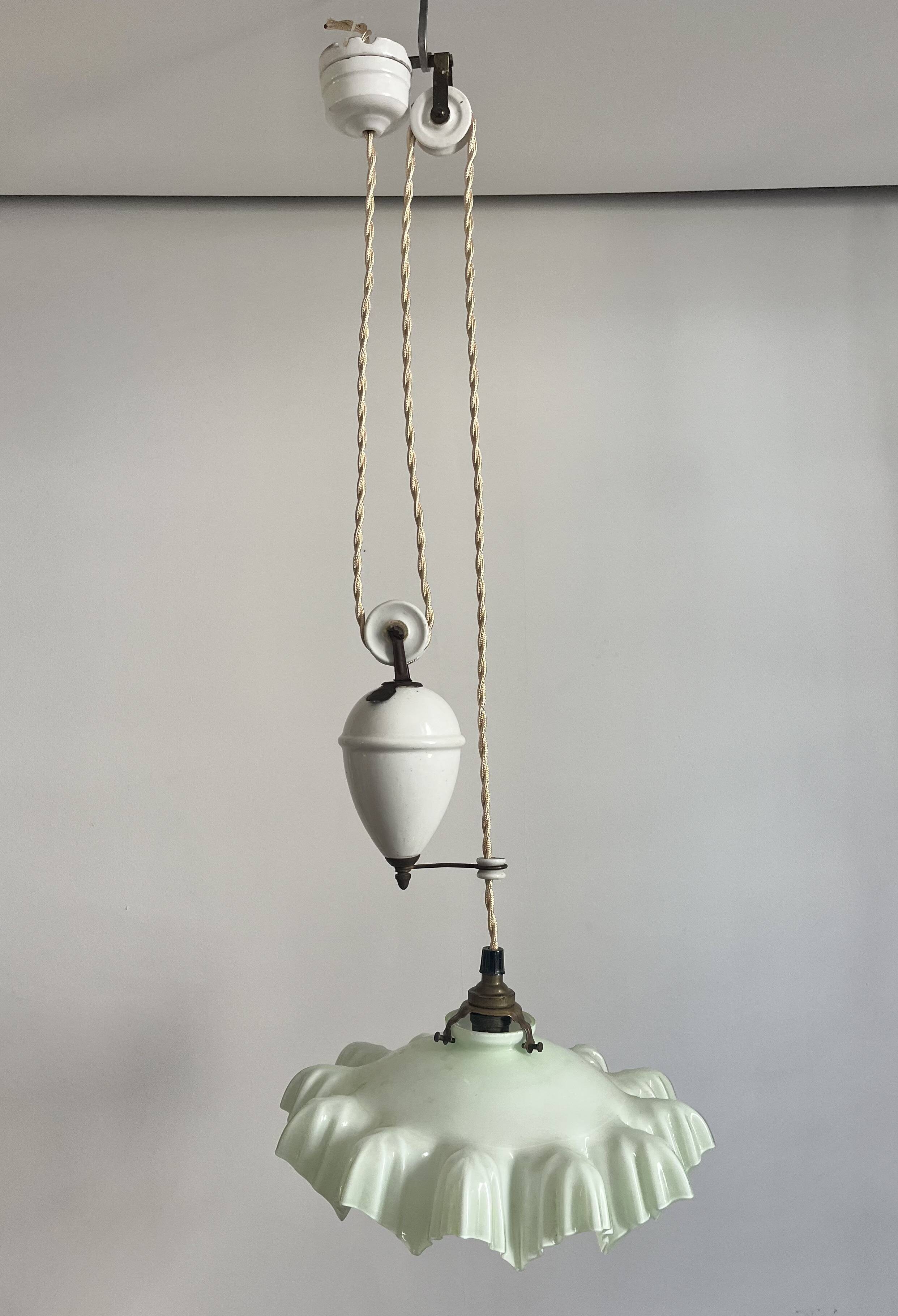Art Deco Opaline Glass Pendant Light Mint Green Up and Down