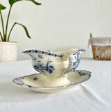 Saucière porcelain stamped Lunéville with double ivory and blue handles