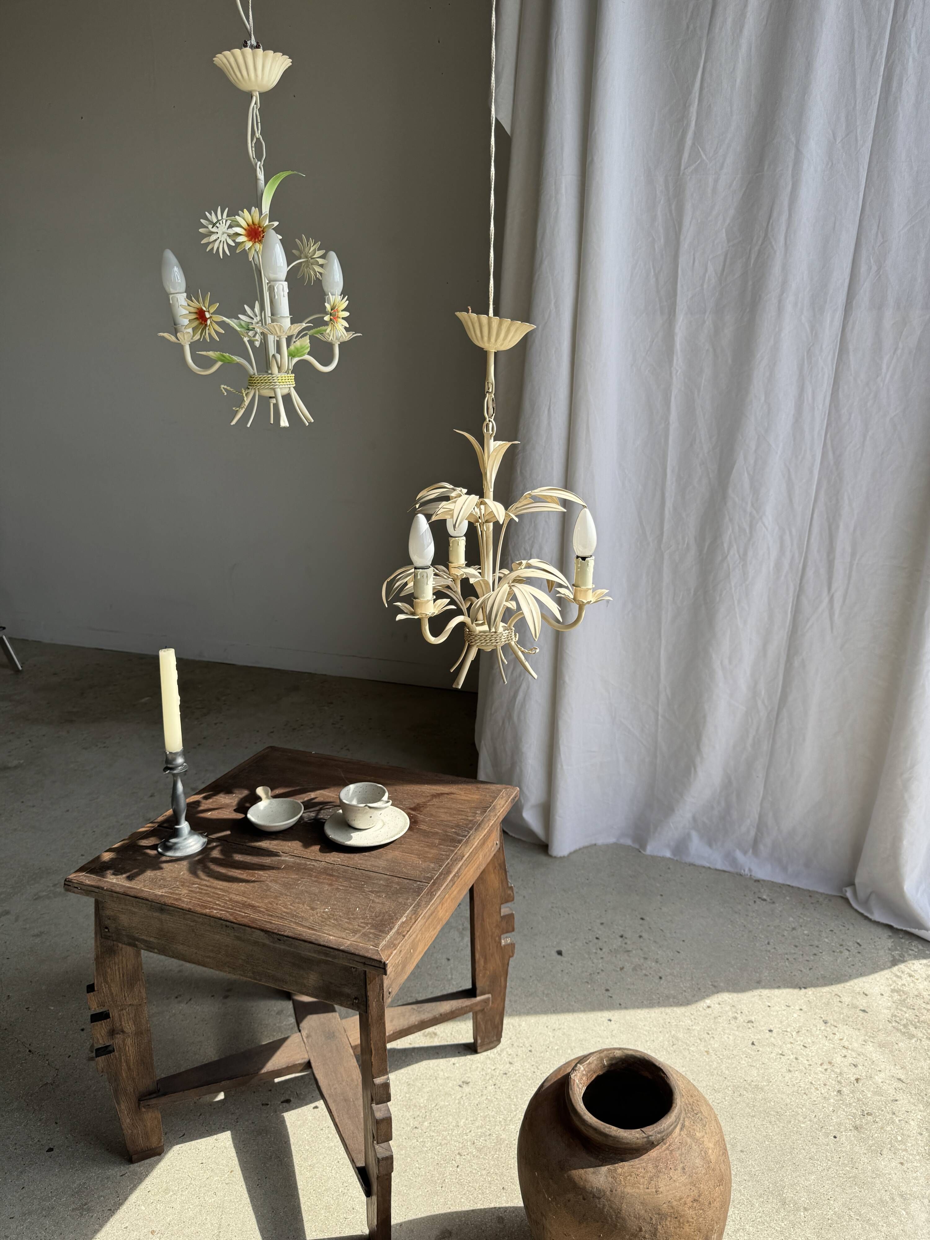 Small vintage cream metal flower chandelier with orange flowers and 3 arms.