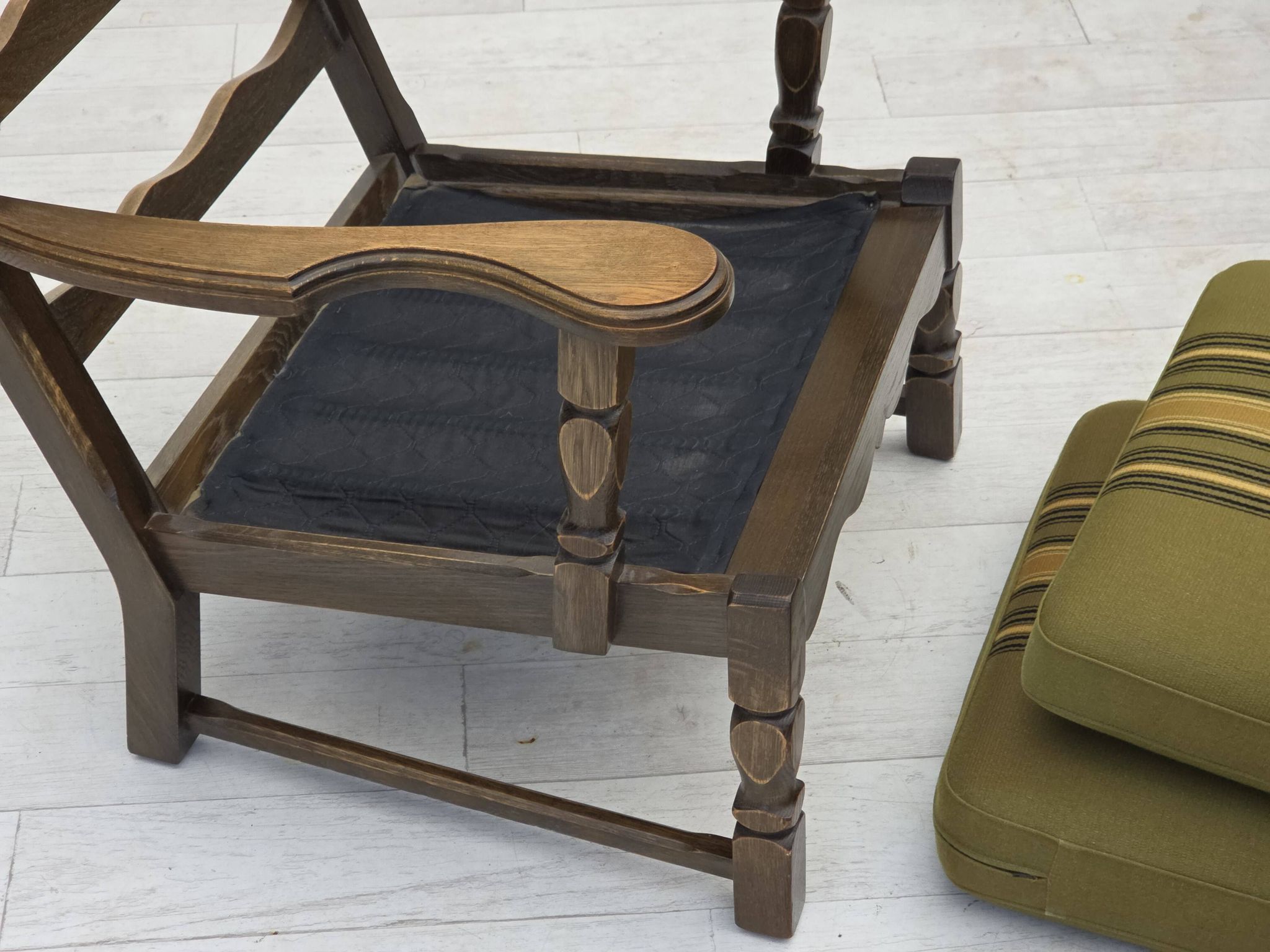 1970s, pair of Danish armchairs, original green furniture wool, oak wood.