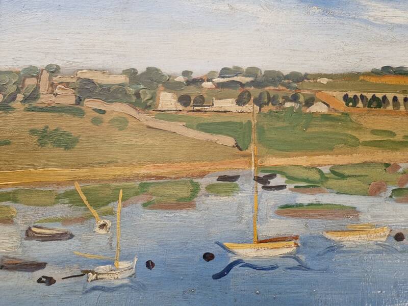 Frank Sloan (1900-1984) - Oil on hardboard - Sailboats near the bridge