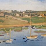 Frank Sloan (1900-1984) - Oil on hardboard - Sailboats near the bridge