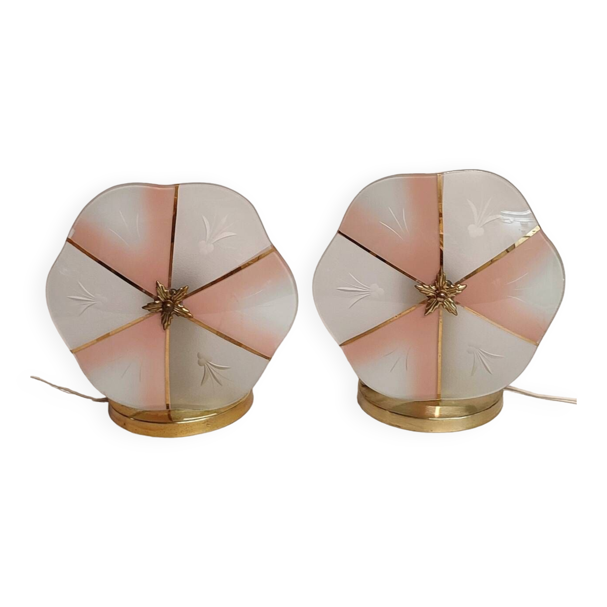 Par de lámparas de mesa de cristal. Spain, 1970s.