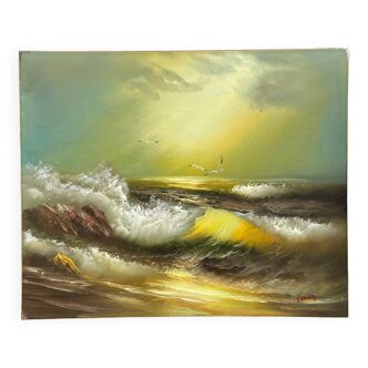 Marine, huile sur toile "Mouette sur vagues et rocher" signé Christy