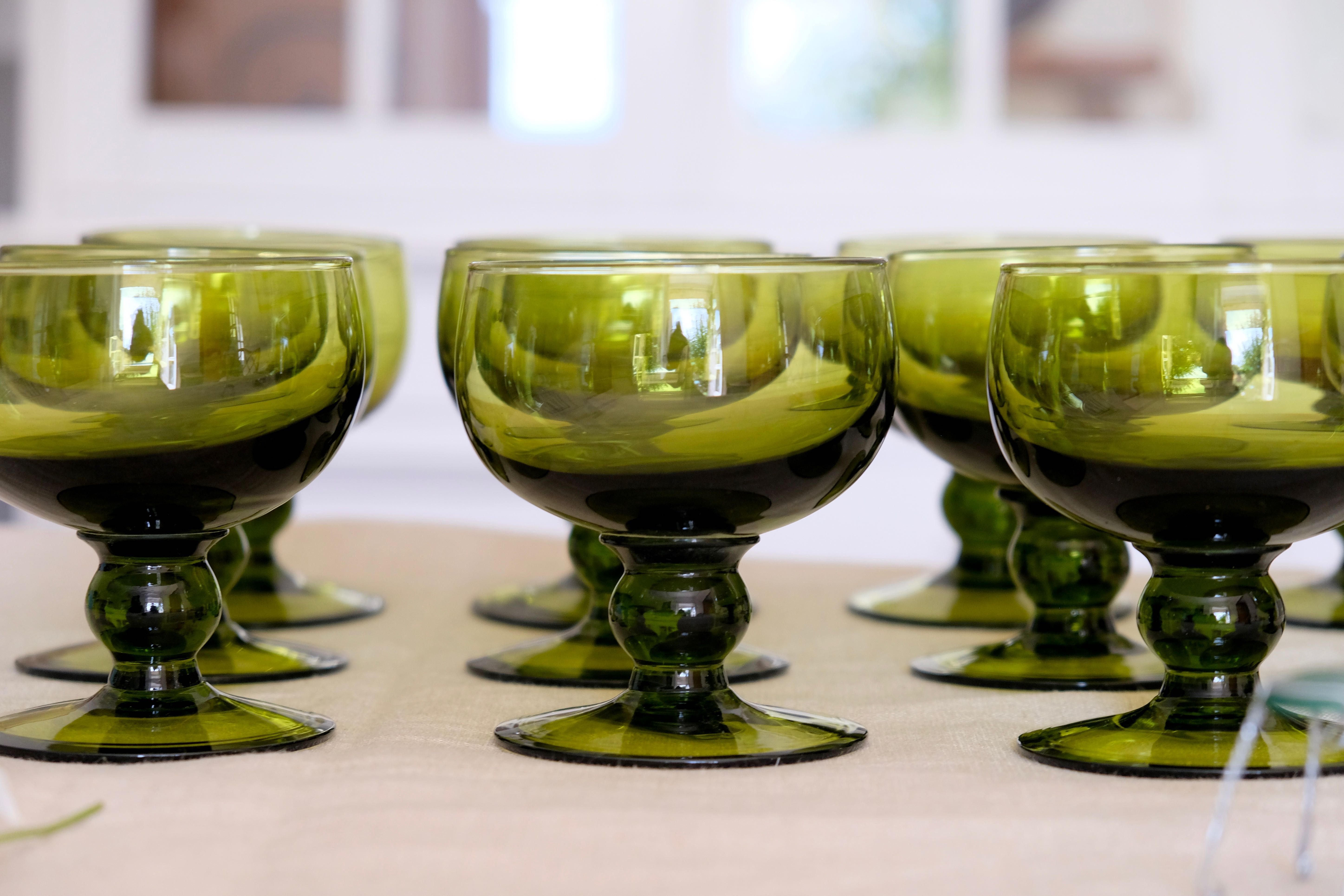 Set of 12 olive green wine glasses, mouth soufflé from the 50s