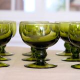 Set of 12 olive green wine glasses, mouth soufflé from the 50s