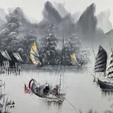 Large oil on canvas vintage painting Japanese style
