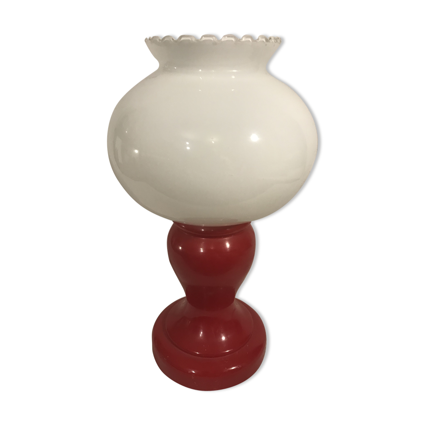 Foot red glass Table lamp + reflector ball Opaline white Vintage