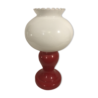 Foot red glass Table lamp + reflector ball Opaline white Vintage