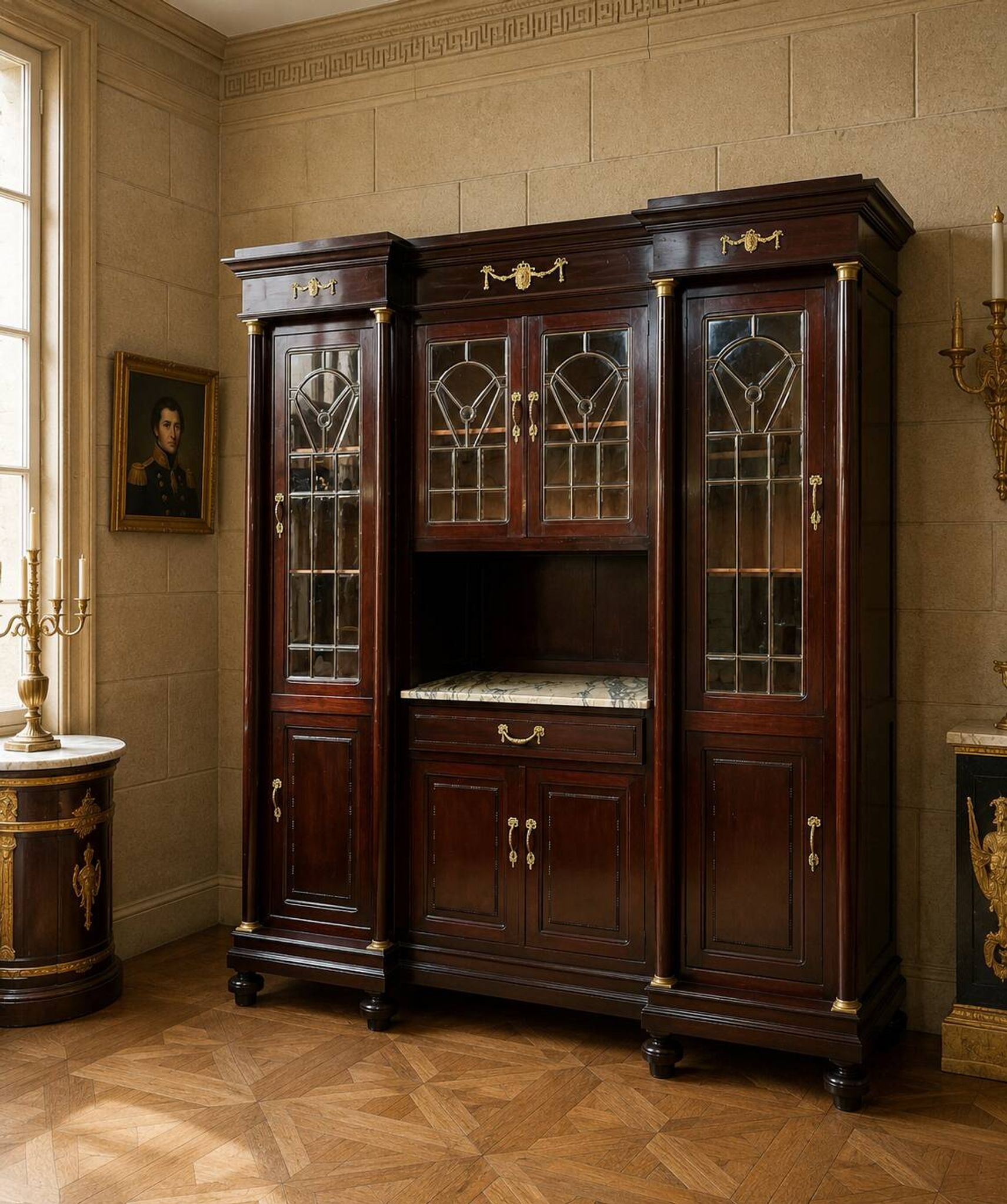 Large Empire-style display cabinet in mahogany from the late 19th century.